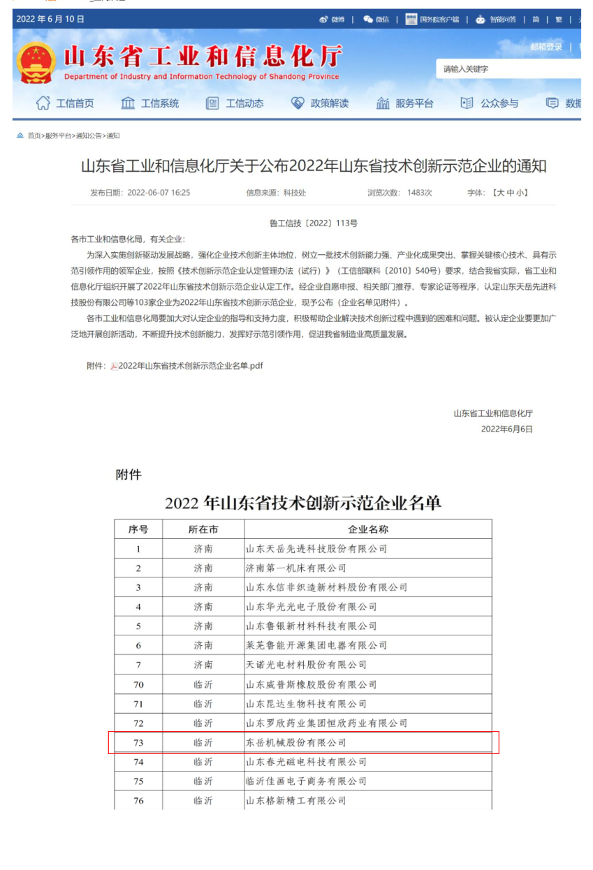 熱烈祝賀:東岳機械榮獲“山東省技術創(chuàng)新示范企業(yè)” 熱烈祝賀:東岳機械榮獲“山東省技術創(chuàng)新示范企業(yè)”